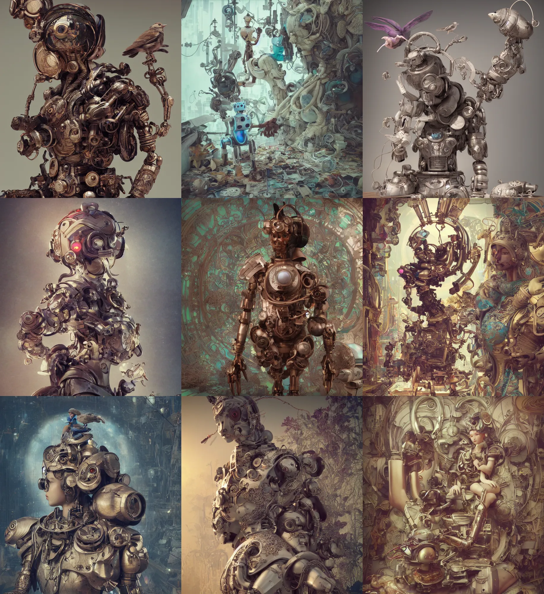 Prompt: 3D octane render ultra 8K photorealistic hyperdetailed unreal engine ,a wooden sculpture ,art toys on feet ,very cute robot mystic with bird and cat ears heroic pose ,zen meditation ,cyberpunk ,concept art ,trending on cgsociety , a on contemporary art gallery and néo Paris by Alphonse Mucha and Robert Crumb