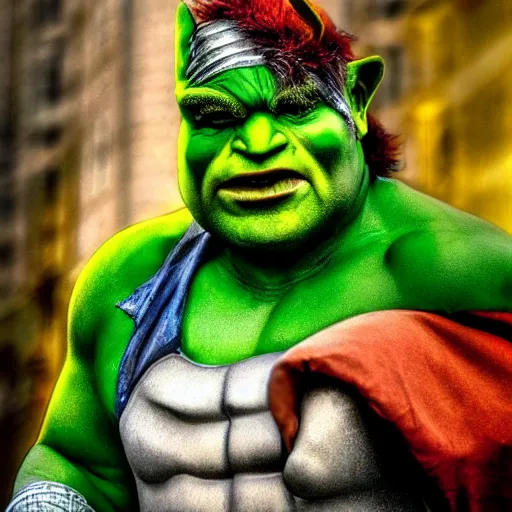 Prompt: a rotund green-skinned half-orc in the city, well-dressed, today's featured fantasy photography, expressionist color franz marc