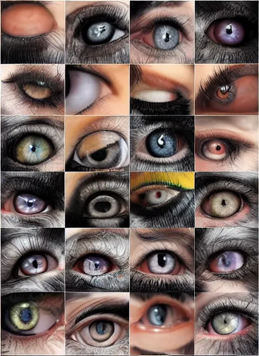 Image similar to grid montage of cube shaped eyes cubes, square shaped black dilated pupils cubes, cube shaped irises, detailed colored textures, lashes, advanced art, art styles mix, wet reflections in square eyes, sunshine light, hd macro photograph, from side, various cune eyelid positions, square black pupil centered