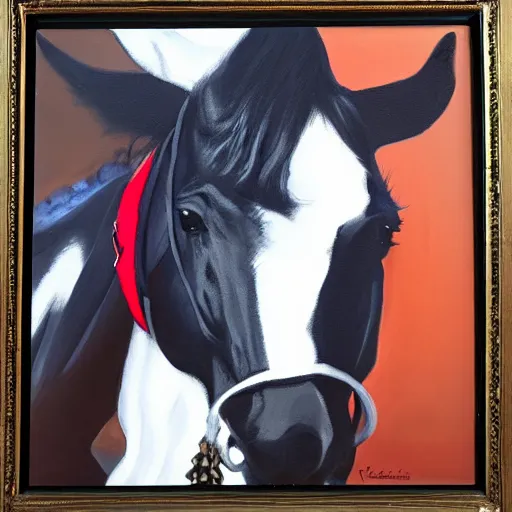 Image similar to oil painting of widowmaker from overwatch in the desert riding on a horse, black and red jacket, collar around neck, very detailed face, feminine face, full body