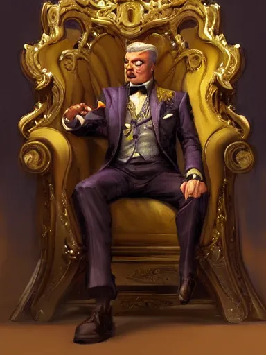 Image similar to a rich man smirking. relaxed in his chair with crossed arms. intricate, elegant, highly detailed, digital painting, artstation, concept art, sharp focus, illustration, by justin gerard and artgerm, 8 k