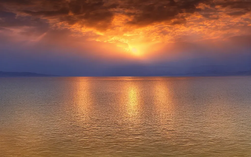 Prompt: the dead sea, beautiful sunset with clouds, rays of sunshine, professional photo