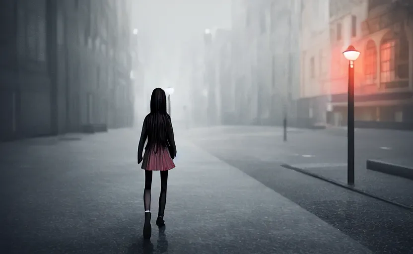 Image similar to school girl walking at night, gloomy and foggy atmosphere, octane render, cgsociety, artstation trending, horror scene, highly detailded