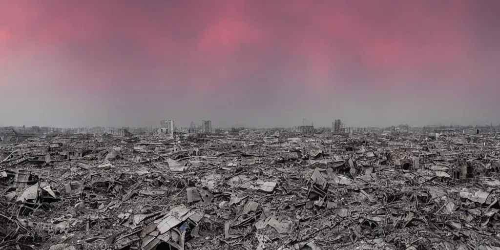 Image similar to a vast destroyed city after a battle with a dark red sky