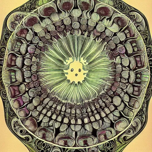 Prompt: An Alien plate From Art Forms in Nature by Ernst Haeckel