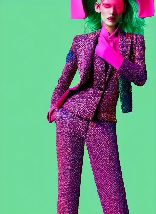 Prompt: trouser suit for a rave, bright colors, photo for a magazine, photo for a store, fashion photography, Vogue, 135 mm, cinematic, high detail, 8k, dynamic pose,Smooth skin, perfect face