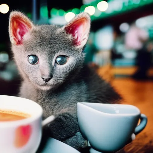 Prompt: ultra high quality photograph of a extreme cute korat kitten drinking a cappuccino, in crowded cafe, bokeh background, lighting dim, colourized, kodak etkar 1 0 0