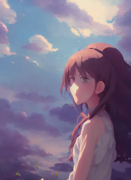 Image similar to portrait of cute girl, cloudy sky background lush landscape illustration concept art anime key visual trending pixiv fanbox by wlop and greg rutkowski and makoto shinkai and studio ghibli