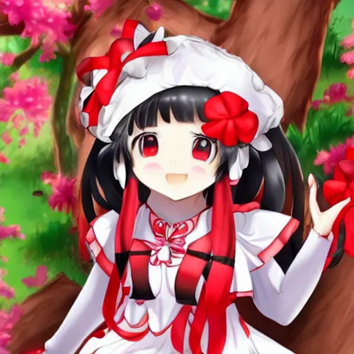 Image similar to reimu in the jungle wearing bonnet