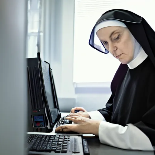 Prompt: award - winning photograph of a nun hunched over a computer while she hacks into the mainframe