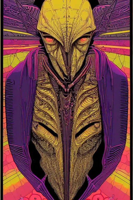 Image similar to portrait of black and psychedelic straight lines poster art by dan mumford, moebius, goblinko, richard corben, wayne barlowe, heavy metal comic cover art, psychedelic triangular skeleton, very intricate, thick outline, full body, symmetrical face, long black crown, in a shapes background, galactic dark colors