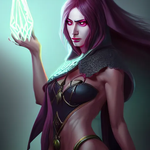 Prompt: dark sorceress full view, highly detailed, wlop style, artstation, concept art, soft light, sharp focus, illustration, character design