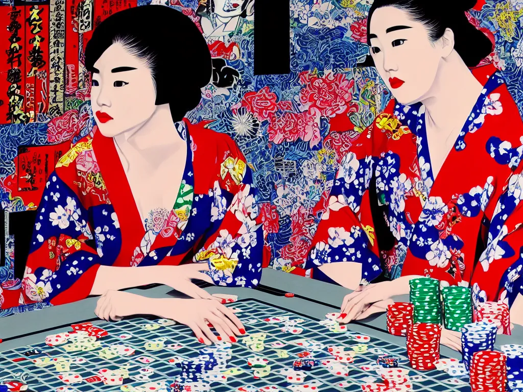 Image similar to hyperrealism composition of the detailed single woman in a japanese kimono sitting at an extremely detailed poker table with stormtrooper, fireworks, river on the background, pop - art style, jacky tsai style, andy warhol style, acrylic on canvas