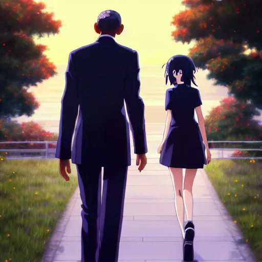 Image similar to beautiful makoto shinkai anime style digital painting portrait of barack obama at the white house walking away from a woman, heartbroken, 4 k, 8 k, hd, high resolution, highly detailed, intricate detail, ultra realistic faces, digital art, trending on artstation, your name, weathering with you