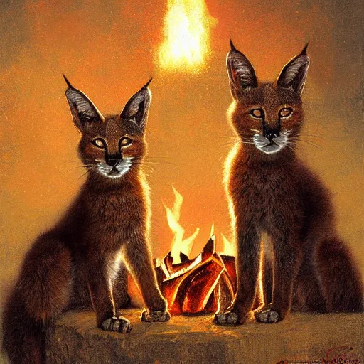 Image similar to three cute caracals wearing red ties, campfire, night, atmospheric lighting, intricate, volumetric lighting, digital art, highly detailed by gaston bussiere, craig mullins, j. c. leyendecker 8 k