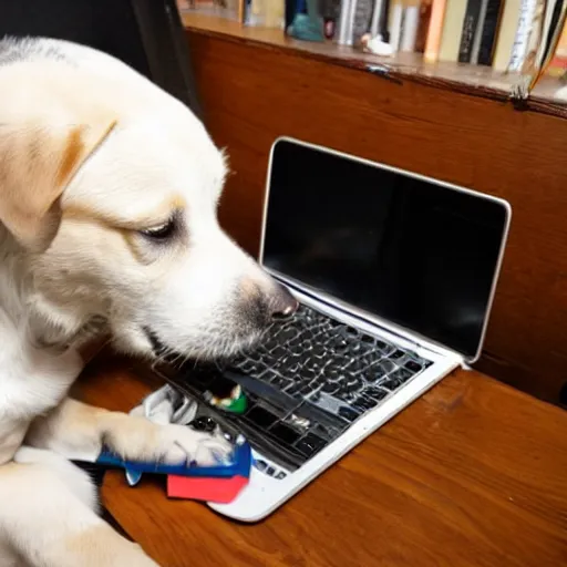 Prompt: a dog fixing a computer