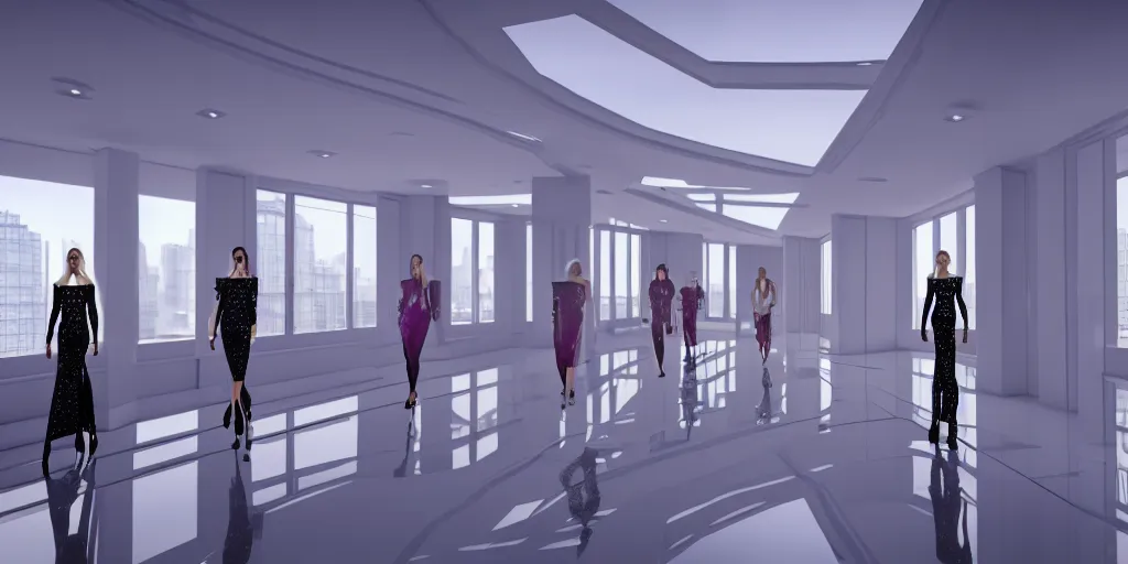 Image similar to Fashion Catwalk in a luxurious penthouse interior, concept art, rendering, hyperdetailed, unreal engine 5, 4k