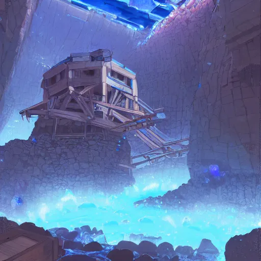 Prompt: concept art painting of a mine mineshaft with blue crystals, realistic, detailed, cel shaded, in the style of makoto shinkai and greg rutkowski and james gurney