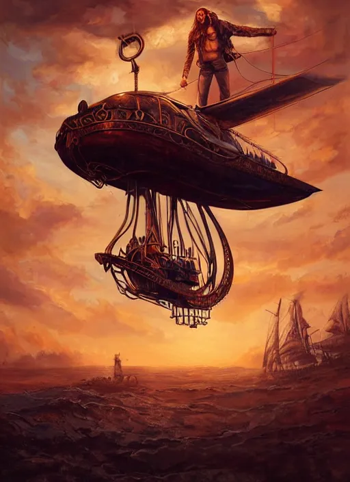 Prompt: portrait painting of a handsome face rugged long hair crimson hair male captain simple clothing top half portrait soft hair steampunk wood brass ornate mechanical zeppelin airship in the background sky sunset golden hour fantasy rugged book cover art atmospheric lighting art by mullins rutkowski bussiere