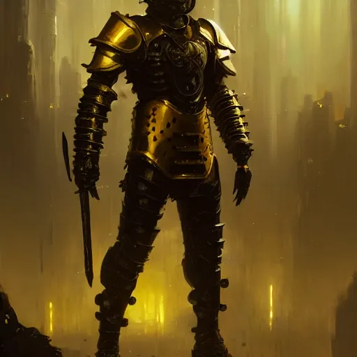 Image similar to anthropomorphic cyberpunk warrior stands tall wearing black and gold armor, oil painting, Tooth Wu, Greg Rutkowski, RPG, dynamic lighting, fantasy art, High contrast, depth of field, landscape, scenery