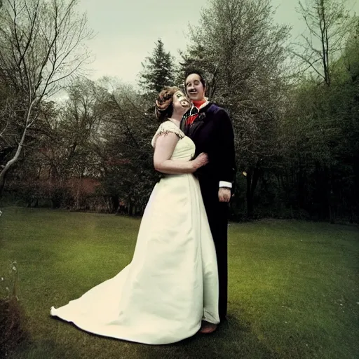 Prompt: bert and ernie wedding photography by annie leibowitz