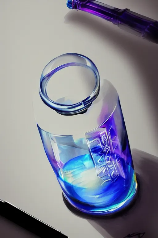 Prompt: concept art of a rolex liquid dietary supplement in a transparent bottle filled with blue magenta iridescent liquid, by aenaluck, artgerm and roberto ferri and greg rutkowski, black and white tones, white background, digital painting, artstation, concept art, smooth, sharp foccus ilustration hq