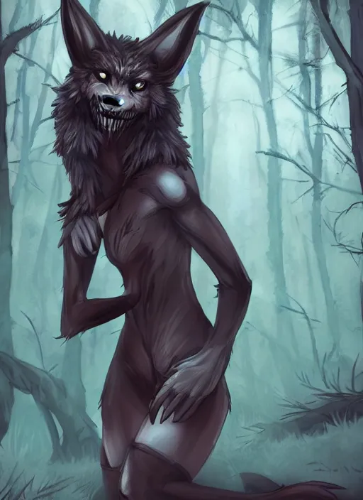 Prompt: werewolf girl in a dark forest, anthropomorphic, sharp teeth, trending on artstation