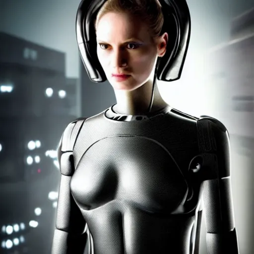 Image similar to portrait of female android, from a christopher nolan movie