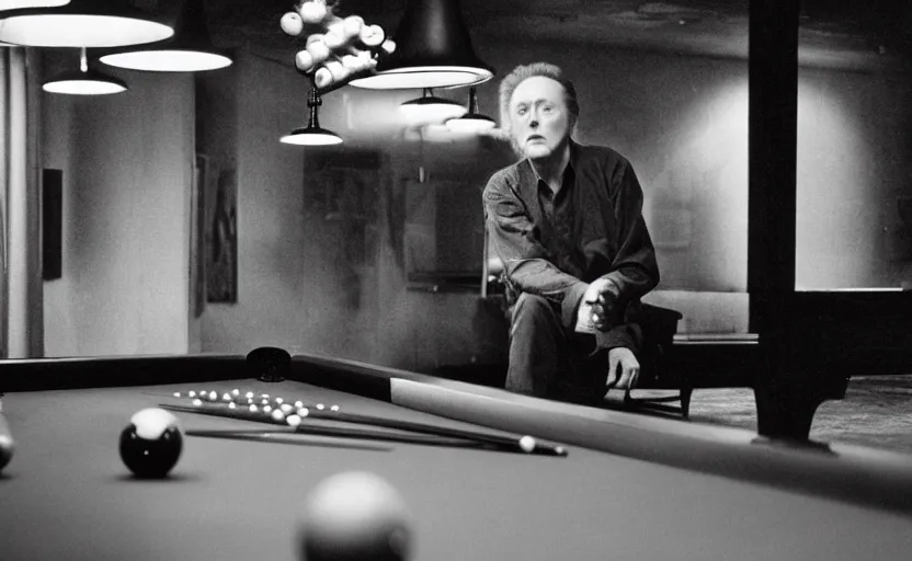 Image similar to Christopher Walken playing billiards and smoking a cigarette in the style of Annie Leibovitz, medium format digital camera, full color, soft lighting, dark, moody, shallow depth of field, highly detailed, photorealistic,