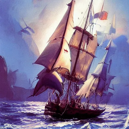 Image similar to A pirate on the high seas that has magical pearlescent shimmering see through sails, painting by Peter Andrew Jones