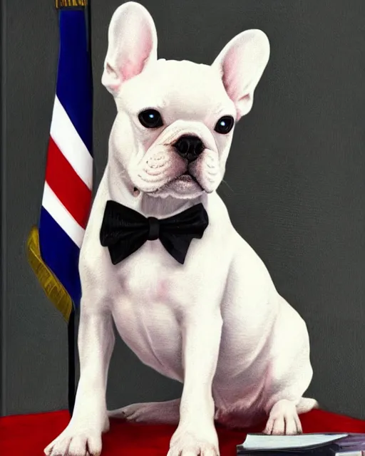 Image similar to White French Bulldog wearing a suit in the Oval Office with a flag in the background, detailed and intricate