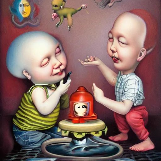 Prompt: children playing scene, lowbrow painting by mark ryden