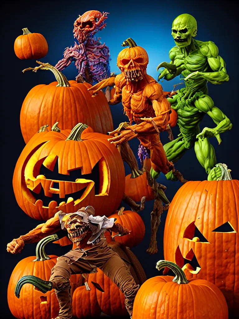 Image similar to hyperrealistic rendering, epic pumpkin overlord battle by art of skinner and richard corben and jeff easley, product photography, action figure, sofubi, studio lighting, colored gels