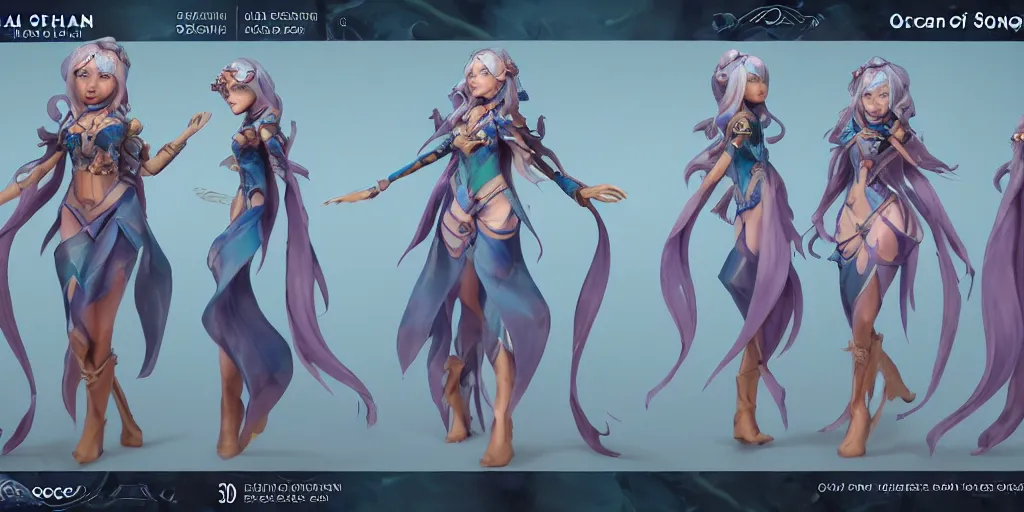 Image similar to Character sheet of gorgeous ocean song seraphine (League of Legends). 3d render, octane render, game art, realistic, highly detailed, trending on artstation, 4k, trending on artstation, pixar, cgsociety, unreal engine 5, redshift render, trending on artstation, blender, behance, cg