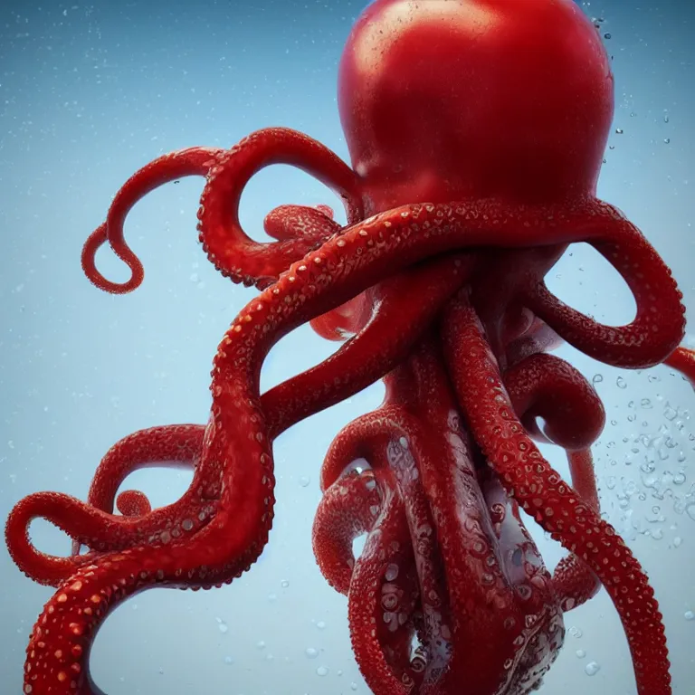 Image similar to octane render portrait by wayne barlow and carlo crivelli and glenn fabry, subject is a man in a wet suit with goggles on with giant long red detailed octopus tentacles coming out of his mouth, cinema 4 d, ray traced lighting, very short depth of field, bokeh