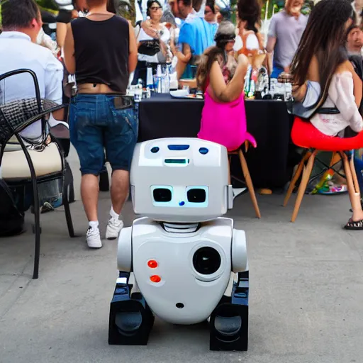 Prompt: LOS ANGELES, CA July 7 2025: Happy Open-Source Self-Aware Robot Convention, Cute Robots Barbeque For Attendants