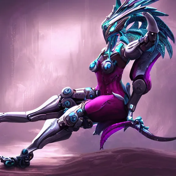 Image similar to highly detailed exquisite fanart, of a beautiful female warframe, but as an anthropomorphic robot dragon, sitting regally on a soft green sofa, with robot dragon head, shining reflective off-white plated armor, bright Fuchsia skin, full body shot, epic cinematic shot, realistic, professional digital art, high end digital art, DeviantArt, artstation, Furaffinity, 8k HD render, epic lighting, depth of field