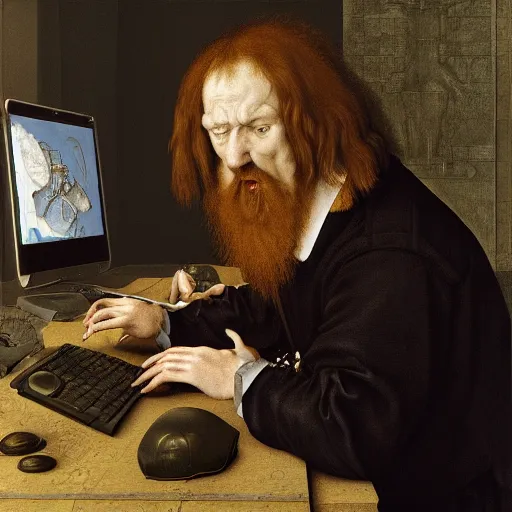 Prompt: angry scottish man at computer, detailed, ray tracing, 4 k, by albrecht durer