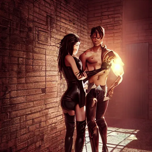 Prompt: a school boy being cornered by a succubus in a leather suit, cracked brick wall, long hall way, volumetric lighting, concept art, detailed, dramatic lighting, by wlop, artgerm