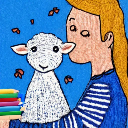 Image similar to a lamb with a blue knitted sweater hugging his mom, children's book drawing