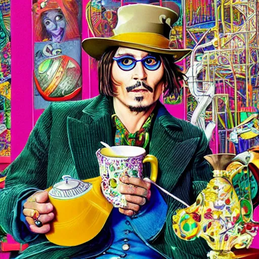 Prompt: Johnny Depp is covered in a blanket and drinking tea in Willy Wonka's Chocolate Factory, Illustration, Colorful, insanely detailed and intricate, super detailed, by Lynn Chen