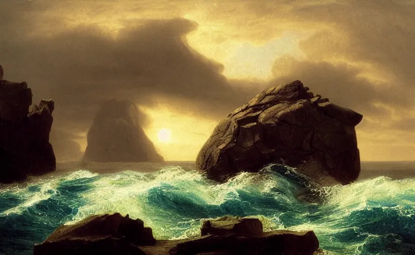 Image similar to large rock in the middle of the ocean, large waves, surrounded by water, dark skies, close up shot, rocky, at dusk, 4k, rule of thirds, extreme detail, hazy, intricate ink illustration, surreal, surrealist, trending on artstation, cgsociety, hd, complimentary colours, realistic lighting, by Albert Bierstadt, Frederic Edwin Church.