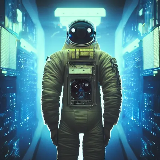 Image similar to professional photo of astronaut from front standing very close to camera from low angle shot, cyberpunk, synthwave, blade runner, hyperrealistic masterpiece, trending on artstation, cgsociety, kodakchrome, golden ratio, cinematic, composition, beautiful lighting, hyper detailed, sharp focus, octane render, 4 k, unreal engine