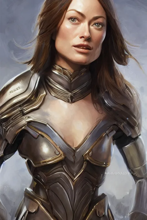 Image similar to a professional painting of a young Olivia Wilde, clothes in military armor, olive skin, long dark hair, beautiful bone structure, symmetrical facial features, intricate, elegant, digital painting, concept art, smooth, sharp focus, illustration, from StarCraft by Ruan Jia and Mandy Jurgens and Artgerm and William-Adolphe Bouguerea