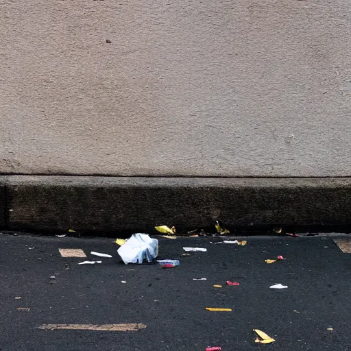 Prompt: beautiful photograph of trash in the street, minimalism, high resolution, 4 k, realist, photograph