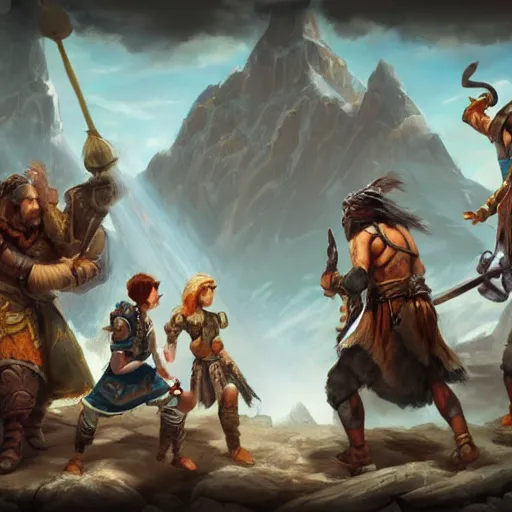Prompt: a group of adventurers challenging the gods of old, fantady painting, artstation