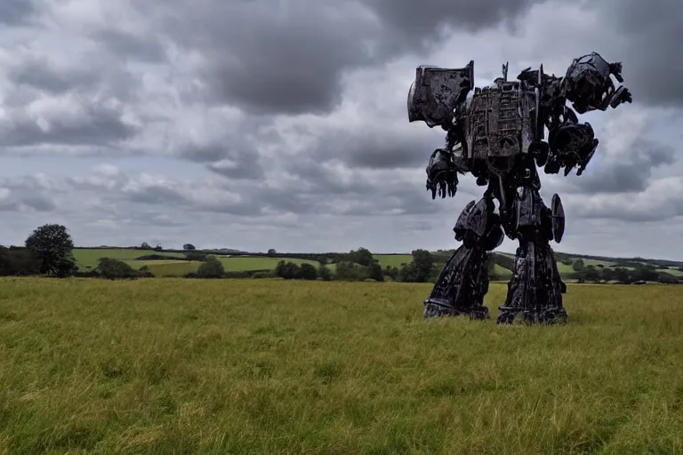 Prompt: beautiful english countryside, a ginormous destroyed mech lies broken in a field