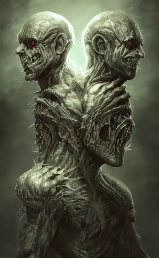 Image similar to full body portrait of of a two headed monster smiley creepily, dynamic lighting, photorealistic, fantasy concept art, ambient lighting, atmospherical, stunning visuals, creative, cinematic, ultra detailed, trending on art station