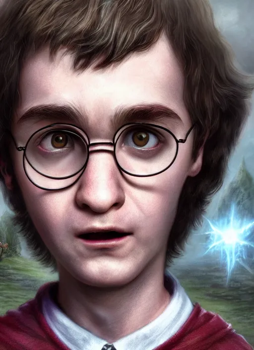 Image similar to highly detailed closeup portrait of harry potter, unreal engine, nicoletta ceccoli, mark ryden, lostfish, earl norem, global illumination, god rays, detailed and intricate environment