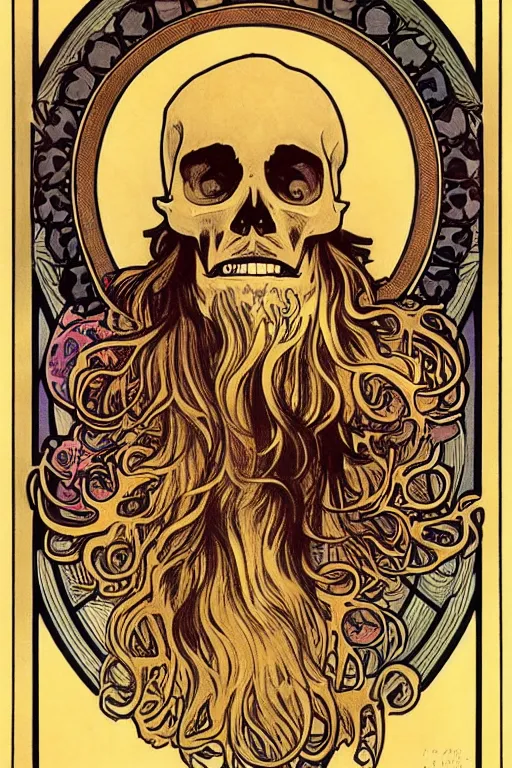 Prompt: bearded skull, illustration art by alphonse mucha